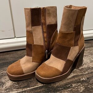 Brown patchwork booties